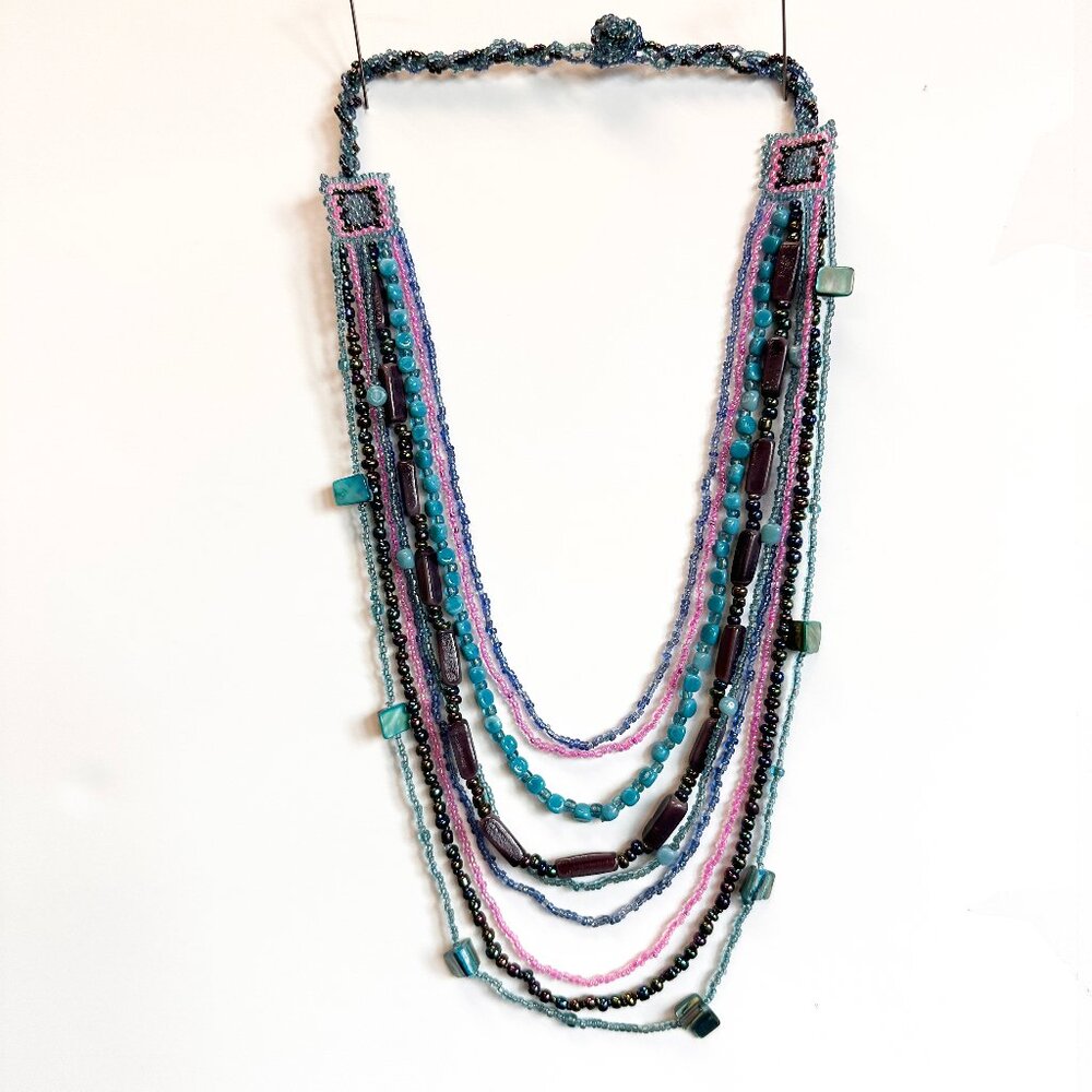 Blue and Violet Beaded Multi-Strand Necklace Made in Indonesia